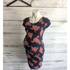 Isabel Maternity Navy Blue and Lush Floral Tee Shirt Dress sz Small